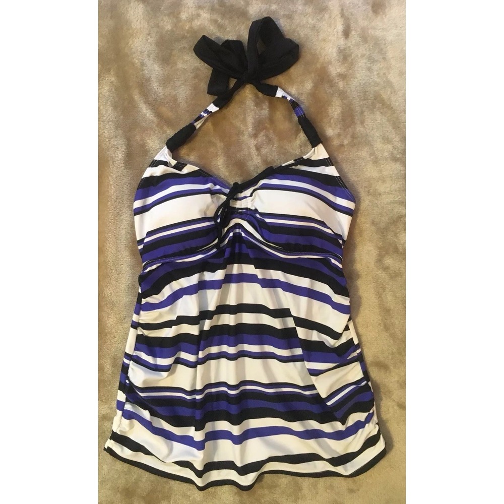 Motherhood Maternity Tankini Swim Top Small Blue Black White Striped